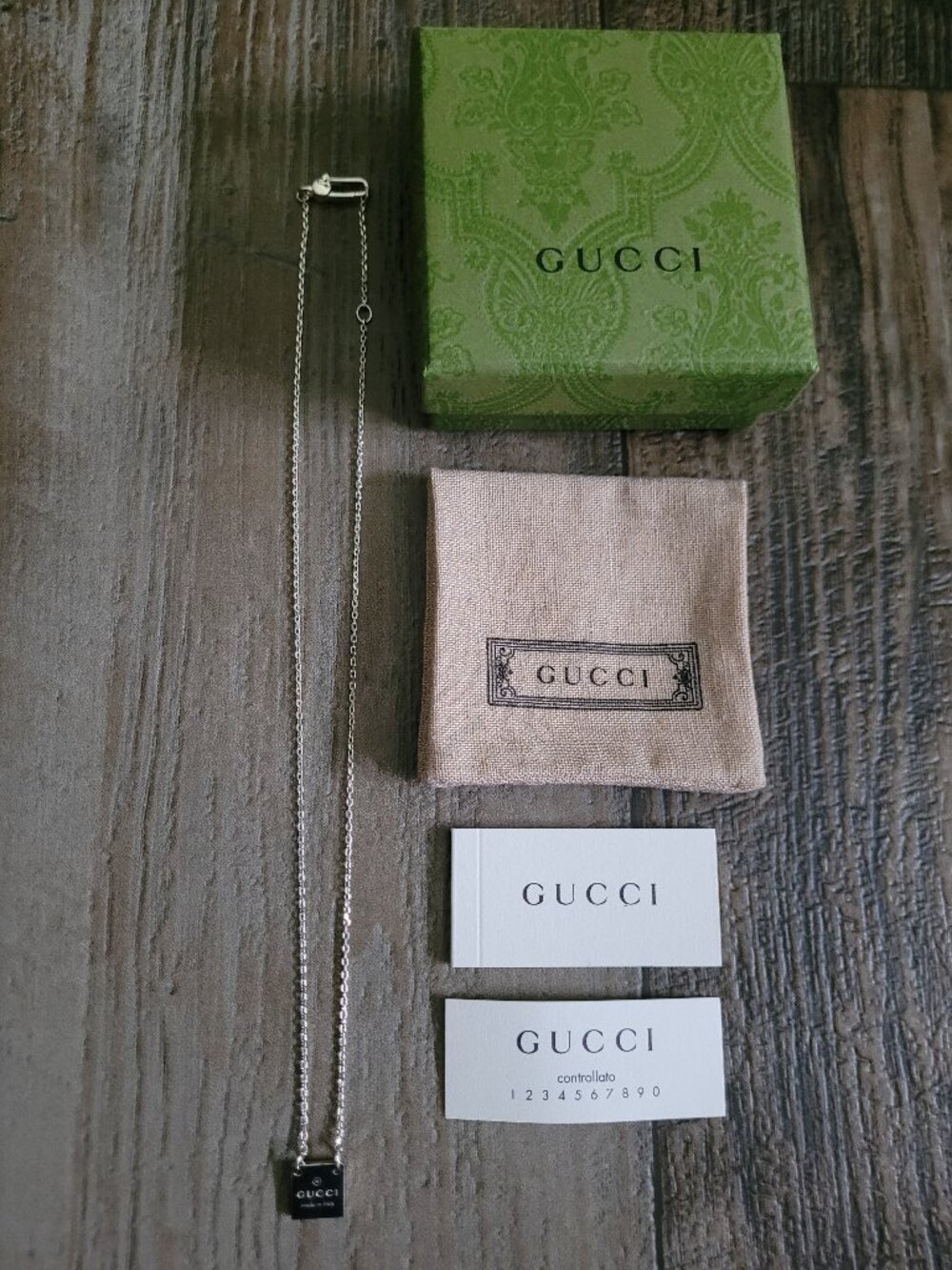 Gucci Silver Logo Plate Chain Necklace